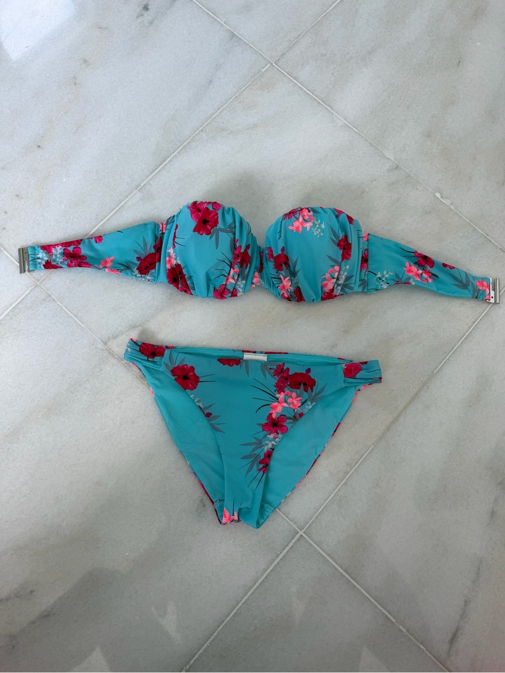 H&M Turquoise Floral Bandeau Bikini Set with Pink and Red Flowers